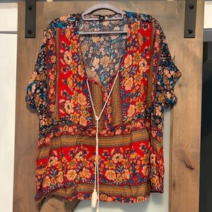 Floral V-Neck Peasant Top - Red Multi Size 1X